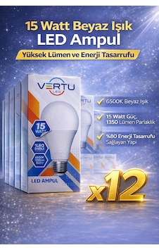 Led Ampul 15 Watt Beyaz Işık 6500k Yüksek Lümen E27 Duy Enerji Tasarruflu 12 Adet