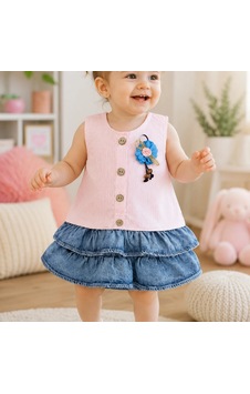Candar Gül Rozet Detaylı Kot Külotlu Etek Kız Bebek Elbisesi 6-9-12-18 Ay Pembe Candar Gül Rozet Detaylı Kot Külotlu Etek Kız Bebek Elbisesi 6-9-12-18 Ay Pembe