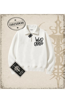 Tarzsokak Gotik & Grunge Streetwear Who Cares Yarım Fermuarlı Sweatshirt Beyaz Tarzsokak Gotik & Grunge Streetwear Who Cares Yarım Fermuarlı Sweatshirt Beyaz