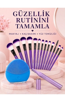 Kadın Güzellik Seti 12 Li Mor Makyaj Fırçası Kaş Düzeltici Ve Silikon Yüz Temizleme Cihazı Cilt Bakı