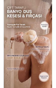 Dofix Çift Taraflı Duş Kesesi Ve Vücut Fırçası Uzun Saplı Banyo Fırçası, Peeling Etkili Masaj Kesesi