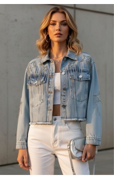 Esb Design Kadın Mavi Taşlı Zincirli Cepli Mevsimlik Düğmeli Kısa Denim Ceket A36-082 Esb Design Kadın Mavi Taşlı Zincirli Cepli Mevsimlik Düğmeli Kısa Denim Ceket A36-082