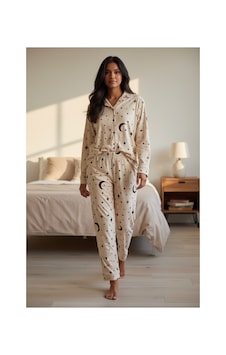 Feg Store Kadın Krem Ay Yıldız Desenli Yumuşacık Süet Dokulu Gömlek Yaka Pijama Takımı