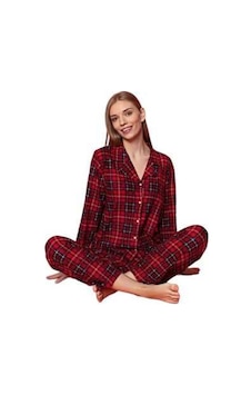 Manolya Kadın Gömlek Yaka Boydan Düğmeli Uzun Kollu Süet Pijama Takımı Bordo