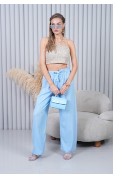 Polologin Butik Beli Bağcıklı Yüksek Bel Bol Paça Açık Mavi Pantolon Mavi