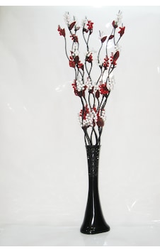 10 Dallı Beyaz Kırmızı Üzüm Çiçek 60 Cm Siyah Desenli Uzun Vazo