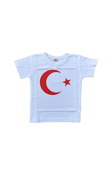 Rambek Beyaz Üzeri Kırmızı Ay Yıldız Baskılı Yarım Kol Kız Ve Erkek Çocuk T-shirt Beyaz
