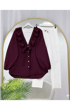 Lovie Moda Yakası Fırfır Detaylı Düğmeli Pantolonlu Takım Bordo Lovie Moda Yakası Fırfır Detaylı Düğmeli Pantolonlu Takım Bordo