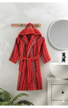Minora Kırmızı Çizgili Kapüşonlu Kız Çocuk Banyo ve Plaj Bornozu – %100 Pamuklu Minora Kırmızı Çizgili Kapüşonlu Kız Çocuk Banyo ve Plaj Bornozu – %100 Pamuklu