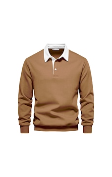 Ghassy Co. Erkek Retro Renk Bloklu Pamuklu Gömlek Yaka Sweatshirt Tarçın