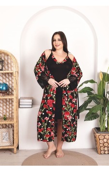 Red Womans Büyük Beden Kırmızı Çiçek Desenli Dantel İşlemeli 2'li Viskon Siy Siyah Red Womans Büyük Beden Kırmızı Çiçek Desenli Dantel İşlemeli 2'li Viskon Siy Siyah