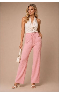 Moda Banuş Bürümcük Kumaş Beli Lastikli Pantolon Pembe Moda Banuş Bürümcük Kumaş Beli Lastikli Pantolon Pembe
