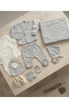 Nehad Bebe Alt Üst Takım Unisex Gri Kadife Fiyonklu 10 Parça Bebek Kışlık