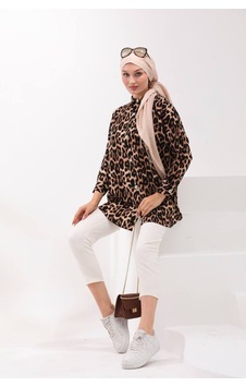 Polologin Butik Kahverengi Leopar Desen Viskon Tunik Gömlek Siyah