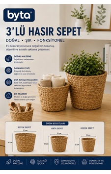 3'lü Hasır Sepet Seti Doğal El Örgüsü Dekoratif Organizer Saklama Sepeti Kahverengi