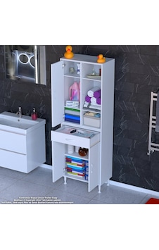 Modilayn Afra 65x173x32,5 Cm 1 Çekmece 3 Kapak 5 Raf 8 Bölme Çok Amaçlı Banyo & Mutfak Dolabı Beyaz