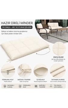 Bahçe Balkon Oturma Grubu Minder Kılıfı Krem 60x110 Cm 1 Adet Süngersiz, Hazır Dikili, Fermuarlı Yedek Minder Kılıfı Krem