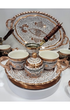 İşlemeli Bakır Fincan Takımı- İki Bakır Kahve Fincan Takımı beyaz