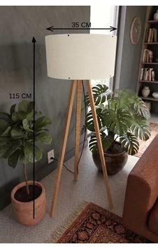 3 Ayaklı Tripod Lambader Krem Kumaş Başlık .