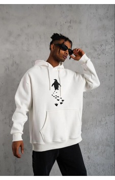 Tarzyeri Erkek Nihilist Penguen Temalı Oversize Kapüşonlu Sweatshirt - Bey Beyaz
