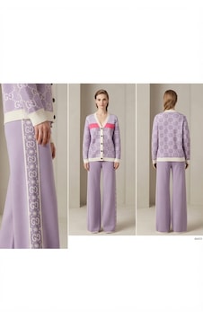 Guzelco Jakarlı Monogram Triko Takım - Çizgili Detaylı Hırka Ve Şeritli Yüksek Bel Pantolon Set Lila Guzelco Jakarlı Monogram Triko Takım - Çizgili Detaylı Hırka Ve Şeritli Yüksek Bel Pantolon Set Lila