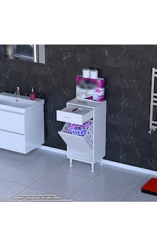 Modilayn Emir 35 X 88 X 32,5 Cm 1 Göz Sepetli Kirli Çamaşır Banyo Dolabı Piratik Çok Foksiyonlu Düzenleyici Dolap Beyaz
