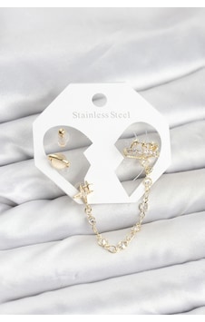 Mey İthalat Pirinç Gold Renk Uzay Model Zincir Bağlantılı Ear Cuff Küpe Seti Renkli Mey İthalat Pirinç Gold Renk Uzay Model Zincir Bağlantılı Ear Cuff Küpe Seti Renkli