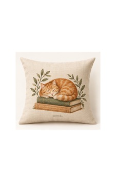 Kitapların Üzerinde Uyuyan Kedi Desenli Pamuk Yastık Kılıfı 43x43 Cm Bej Kitapların Üzerinde Uyuyan Kedi Desenli Pamuk Yastık Kılıfı 43x43 Cm Bej