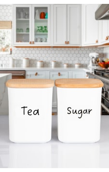 2'li Ahşap Vakumlu Kapaklı Kare Akrilik Tea Sugar Erzak Saklama Kabı 900 Ml Şeffaf