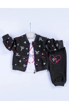 Babydonat Kalp Desenli Hırkalı Pamuklu 3'lü Kız Bebek Takımı Siyah Babydonat Kalp Desenli Hırkalı Pamuklu 3'lü Kız Bebek Takımı Siyah