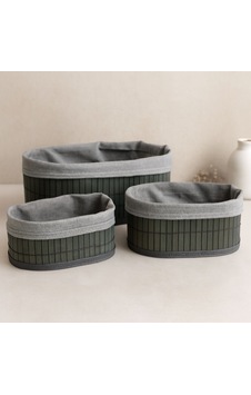 Oval Bambu Kenarlı 3'lü Organizer Sepet Seti - Gri Oval Bambu Kenarlı 3'lü Organizer Sepet Seti - Gri