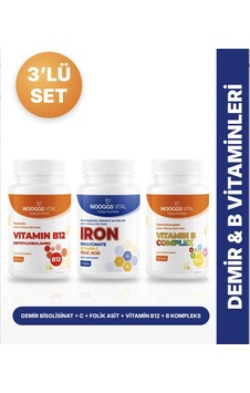 Hotay Nutrition Wooggs Vital Demir Bisglisinat C Folik Asit + Vitamin B12 1000 Mcg + Vitamin B Kompleks 120 Tablet 3'lü Set