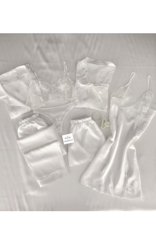Mh Moony Homewears Kutulu 7'li Melek Saten Beyaz Gecelik Sabahlık Pijama Dev Çeyiz Seti Beyaz