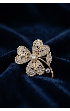 Gold Renk Zirkon Taşlı Yonca Model Broş Altın