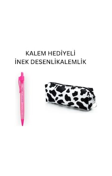 İnek Desen Kalemlik - Okul Kalemliği-makyaj Çantası Ve Hediye Pembe Uçlu Kalem Çok Renkli