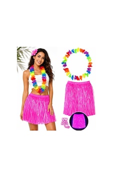 Neon Pembe Hawaii Etek 40 Cm Ve Rengarenk Hawaii Kolye Evimdeyokyok