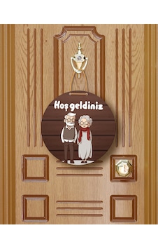 Hoşgeldiniz" Yazılı Mdf Kapı Süsü 22.5 Cm Sevimli Yaşlı Çift Temalı Halat Askılı Giriş Dekoru Kahverengi