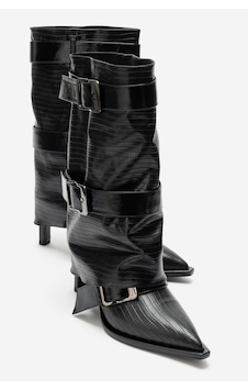 Luvi Shoes Ylva Siyah Çizgili Kemerli Kadın Topuklu Çizme Luvi Shoes Ylva Siyah Çizgili Kemerli Kadın Topuklu Çizme