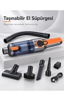 Şeffaf Toz Hazneli Gri Turuncu El Süpürgesi Temizlik Başlıkları Ve Usb Şarj Kablolu 1