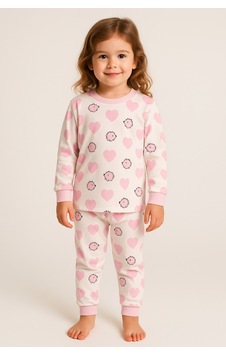 Uğur Bebe %100 Pamuk Premium Model Pembe Kalpli Kız Çocuk Manşetli Pijama Takımı Ekru Pembe Ekru Pembe