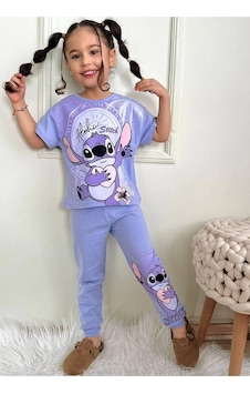 Kız Çocuk Stitchh Desenli Kısa Kollu Tshırt Eşofman 2'li Takım-985 Mor Kız Çocuk Stitchh Desenli Kısa Kollu Tshırt Eşofman 2'li Takım-985 Mor