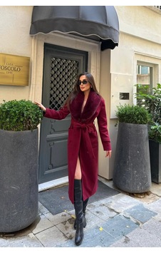 Dip Moda Kadın Kaşe Kumaş Cepli Yaka Kürklü Tam Boy Kuşaklı Kaban Dpstr1003 Bordo Dip Moda Kadın Kaşe Kumaş Cepli Yaka Kürklü Tam Boy Kuşaklı Kaban Dpstr1003 Bordo