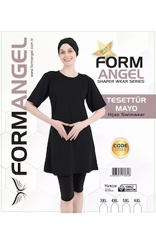 Form Angel Kadın Düz Renk Büyük Beden Kısa Kollu Likralı Tesettür Mayo Siyah