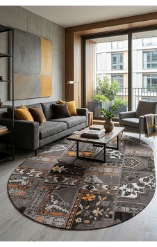 Patchwork Desenli Yıkanabilir Pamuk Taban Dijital Baskılı Oval Halı Antrasit Patchwork Desenli Yıkanabilir Pamuk Taban Dijital Baskılı Oval Halı Antrasit
