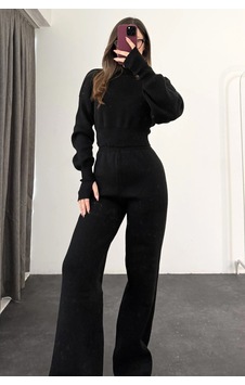 Lady Doll Parmak Geçirmeli Yumuşak Doku Minimal Triko Takım Siyah Siyah