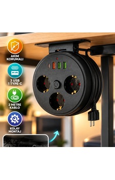 3'lü Akım Korumalı Çoklu Priz 3 Usb, 1 Type-c Ve 2 Metre Kablo Diğer 3'lü Akım Korumalı Çoklu Priz 3 Usb, 1 Type-c Ve 2 Metre Kablo Diğer