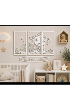 Kişiye Özel Kuzulu Çocuk Odası Dekoru 3 Parça Mdf Tablo İsimlik 105x25 CM Beyaz