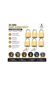25 Mm Sarı Asma Kilit 6'lı Ekonomik Paket 3 Anahtarlı Güvenlik Kilidi