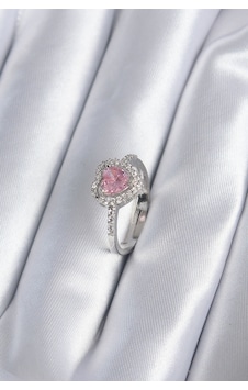 Pembe Zirkon Taş Kalpli Charm Kadın Yüzük Gümüş Renk Renkli