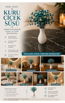 3'lü Mini Vazo Kuru Şoklanmış Çiçek Seti Dekoratif Masa Üstü Ve Ev Süsü Turkuaz